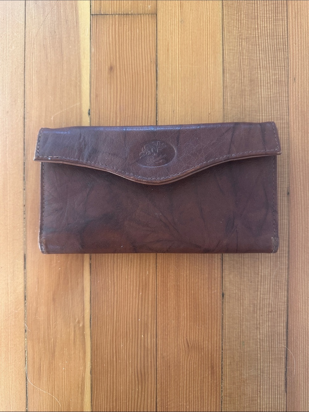 Brown Leather Trifold Wallet with Embossed Logo